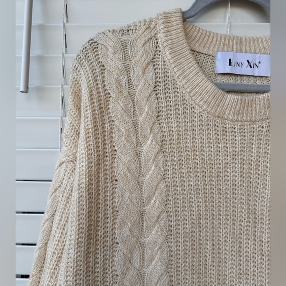 Liny Xin Sweater Womens Large Ivory Merino Wool Blend Cable Knit Long Pullover L - Picture 4 of 8